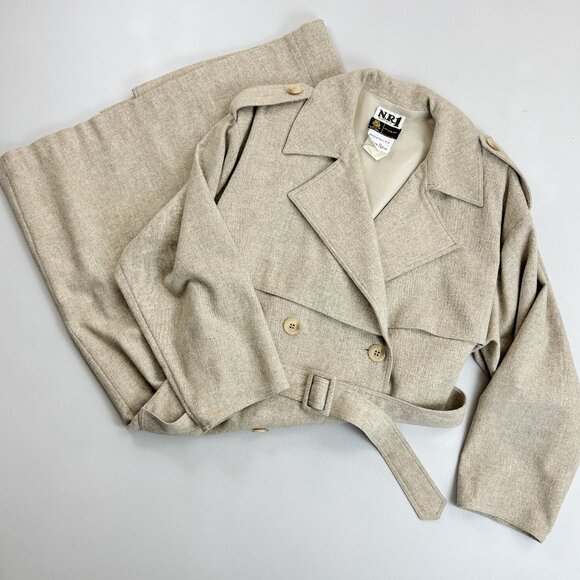 VTG NIEMAN MARCUS Wool Trench Coat SZ 8 Ned Gould Belted Chic Oatmeal Beige